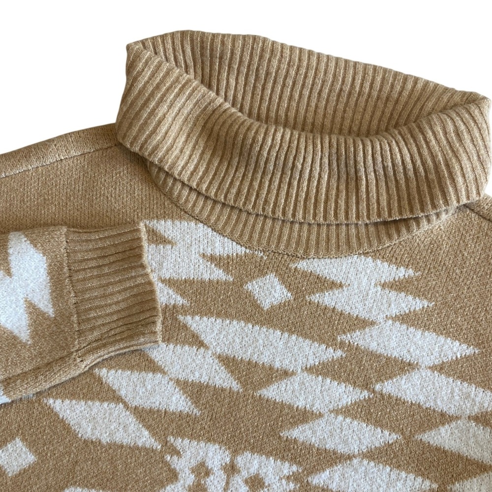 Adrienne Vittadini Womens L Tan White Geometric Southwestern Turtleneck Sweater‎
